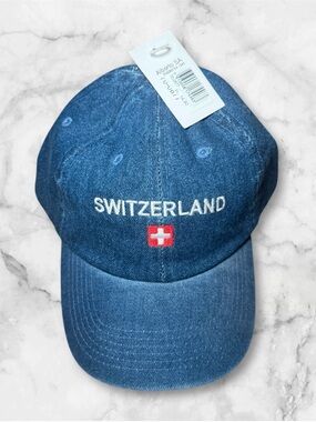 Denim 'Switzerland' Embroidered Baseball Cap - Blue with Red Accent